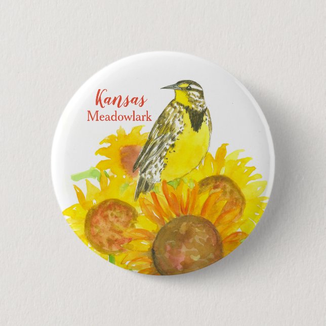 Kansas Sunflower Field Meadowlark Bird Button (Front)