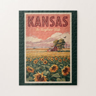 Kansas Sunflowers Illustration Travel Art Vintage Jigsaw Puzzle