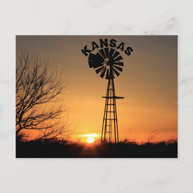 Kansas Sunset Silhouette with a Windmill Post Card (Front)