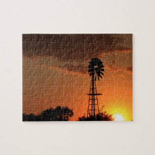Kansas Sunset with farm Windmill silhouette Jigsaw Jigsaw Puzzle