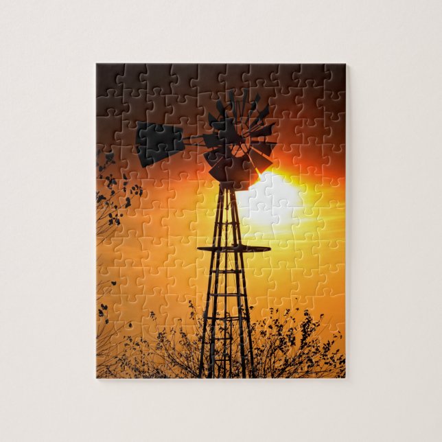 Kansas Sunset with farm Windmill silhouette Jigsaw Puzzle (Vertical)