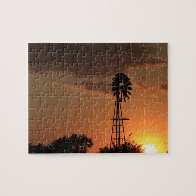 Kansas Sunset with farm Windmill silhouette Jigsaw Puzzle (Horizontal)