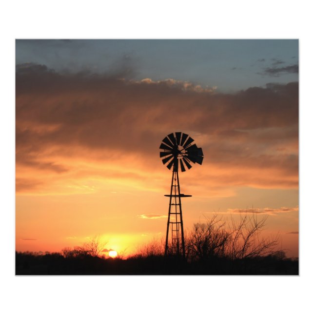 Kansas Sunset with orange sky and Windmill Photo Print (Front)