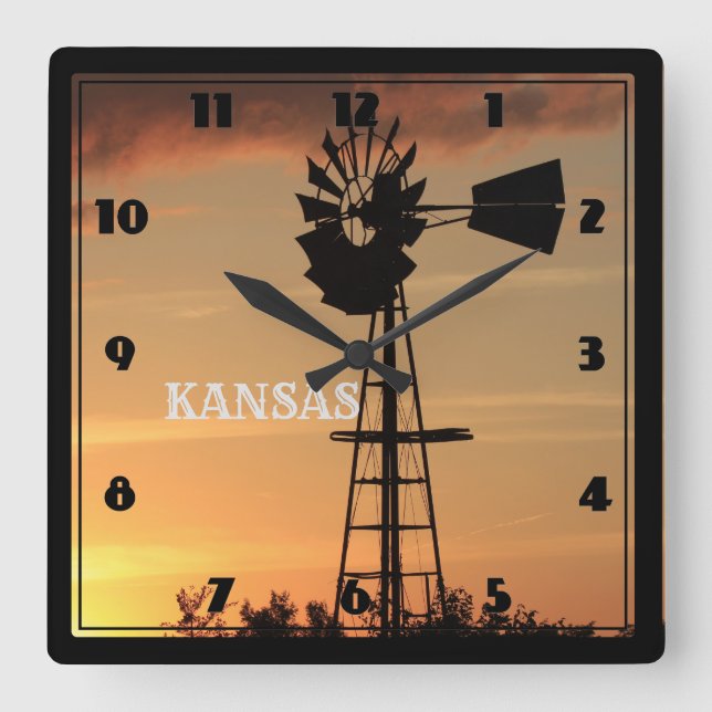 Kansas Sunset with Windmill Silhouette Square Wall Clock (Front)