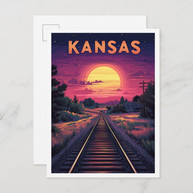 Kansas USA Art Vintage Illustration Travel Postcard (Front/Back)