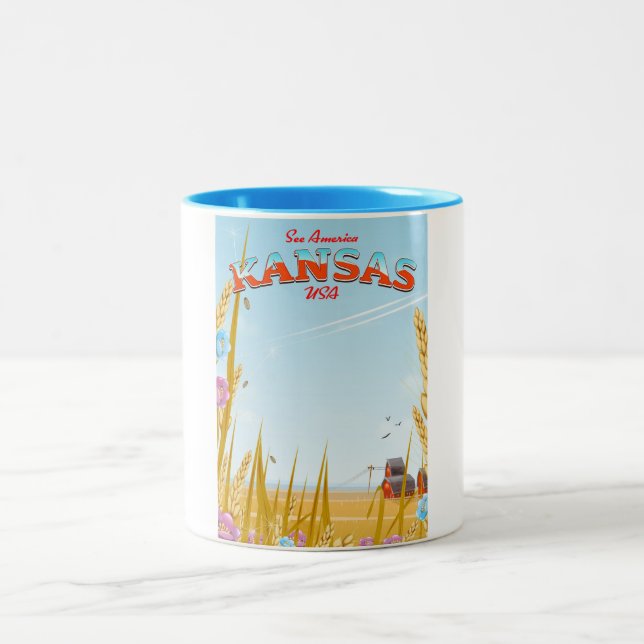 Kansas USA Farm retro Travel poster Two-Tone Coffee Mug (Center)