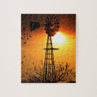 Kansas Windmill Silhouette Sunset Jigsaw Puzzle