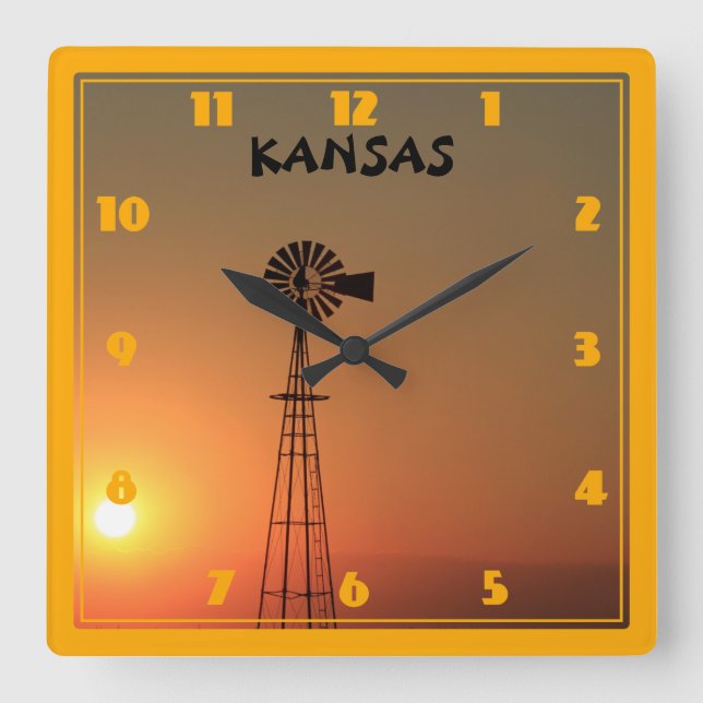 Kansas Windmill Silhouette Sunset Square Wall Clock (Front)