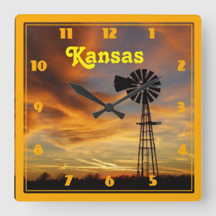Kansas Windmill Silhouette Sunset Square Wall Clock