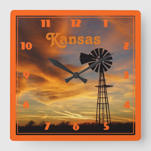 Kansas Windmill Silhouette Sunset Square Wall Clock (Front)