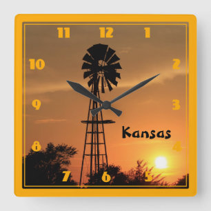 Kansas Windmill Silhouette Sunset Square Wall Clock