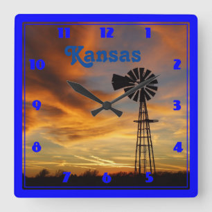 Kansas Windmill Silhouette Sunset Square Wall Clock