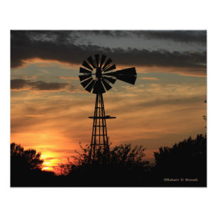Kansas Windmill Sunset, Clouds Photo Enlargement Print
