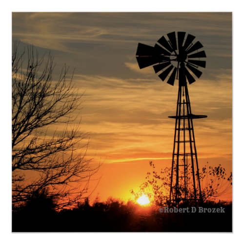 Kansas Windmill Sunset Glossy Poster