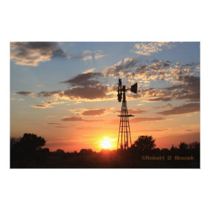 Kansas Windmill Sunset with clouds Photo/Poster Photo Print