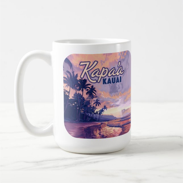 Kapaa Kauai Hawaii Beach Sunset Palm Tree Retro Coffee Mug (Left)