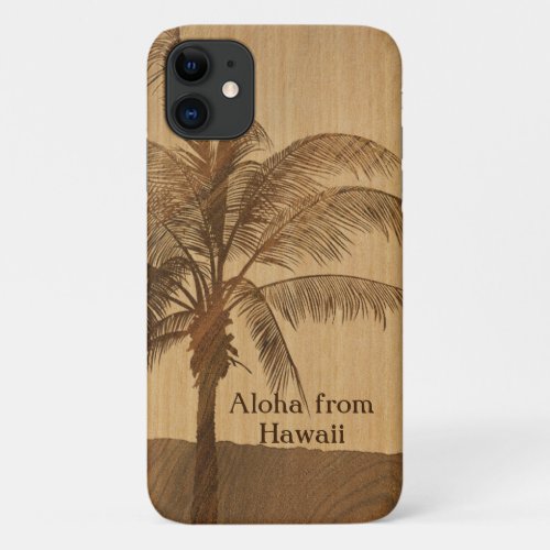 Kapaa Sunset Hawaiian Faux Koa Wood Single Palm iPhone 11 Case