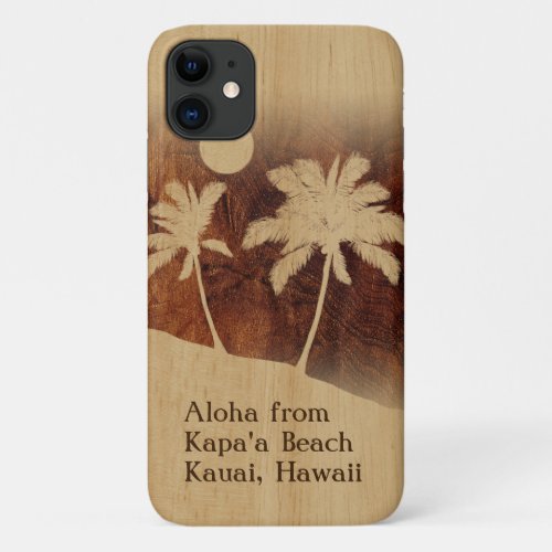 Kapaa Sunset Hawaiian Faux Koa Wood Twin Palm iPhone 11 Case