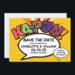 KAPOW Save the Date Fun Retro Comic Book Pop Art<br><div class="desc">Personalise with your names and details to announce the date of your special event. Comic book pop art themed modern, fun retro design, perfect for weddings, bridal showers, baby showers, baptisms, engagement parties, anniversary celebrations, graduations, birthday party and other special events throughout the year! A cool, trendy and fun design...</div>