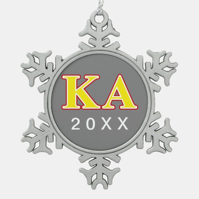 Kappa Alpha Order Red and Yellow Letters Snowflake Pewter Christmas Ornament (Front)