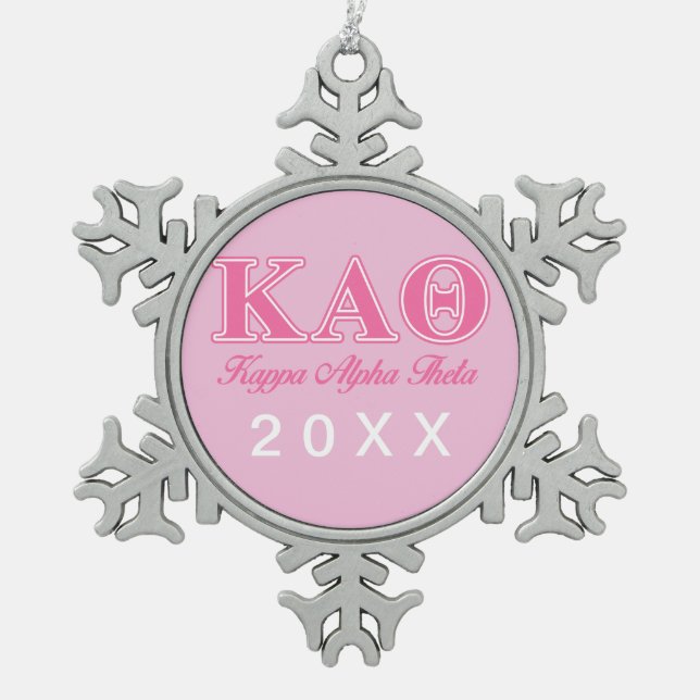 Kappa Alpha Theta Pink Letters Snowflake Pewter Christmas Ornament (Front)