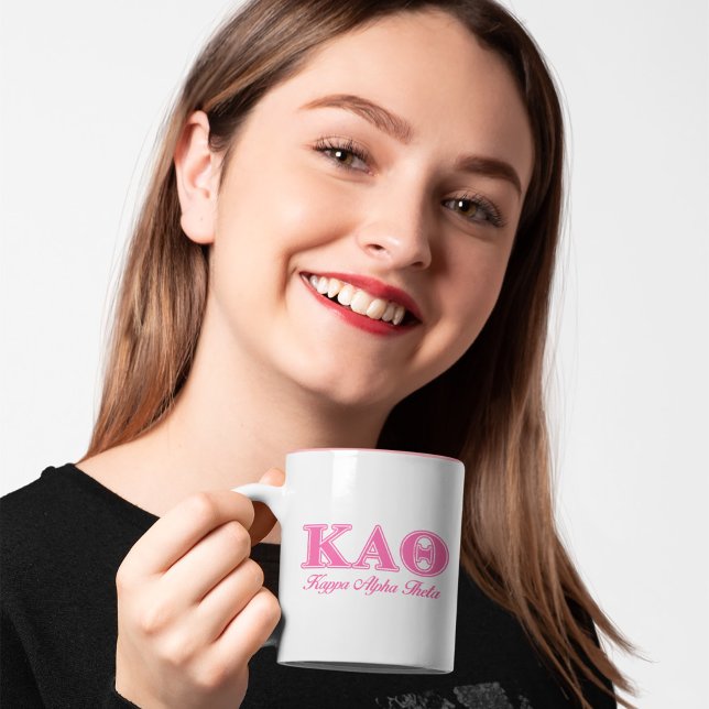 Kappa Alpha Theta Pink Letters Two-Tone Coffee Mug (Person holding mug)
