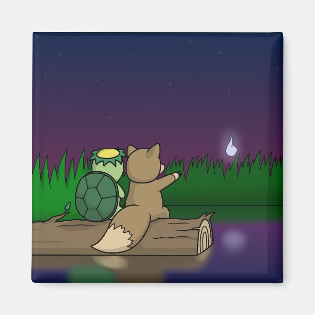 Kappa and Kitsune Sitting at a Pond Magnet (Front)