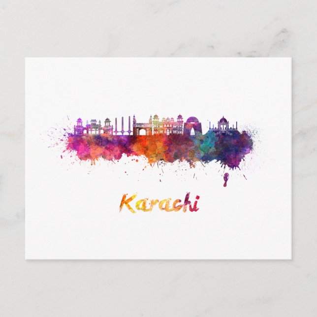 Karachi skyline in watercolor postcard (Front)