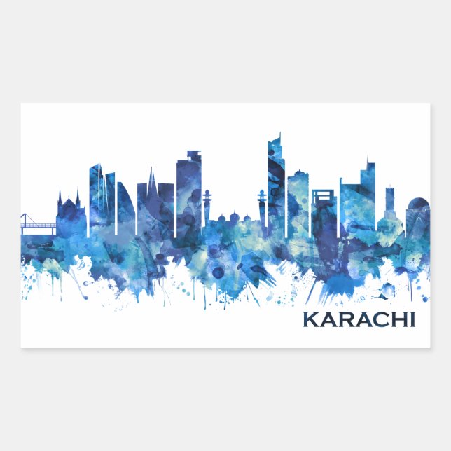 Karachi Skyline Pakistan Blue Rectangular Sticker (Front)