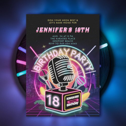 Karaoke 90s Neon Glow Millennial 18th Birthday Invitation