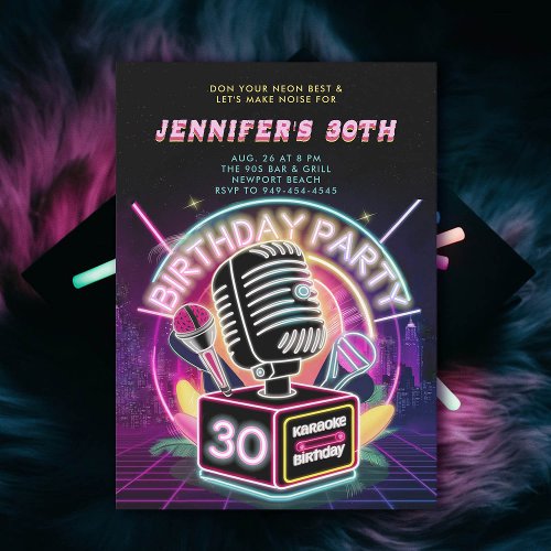 Karaoke 90s Neon Glow Millennial 30th Birthday Invitation