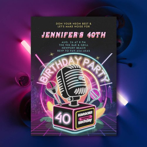 Karaoke 90s Neon Glow Millennial 40th Birthday Invitation