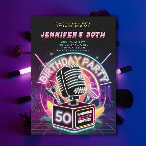 Karaoke 90s Neon Glow Millennial 50th Birthday Invitation