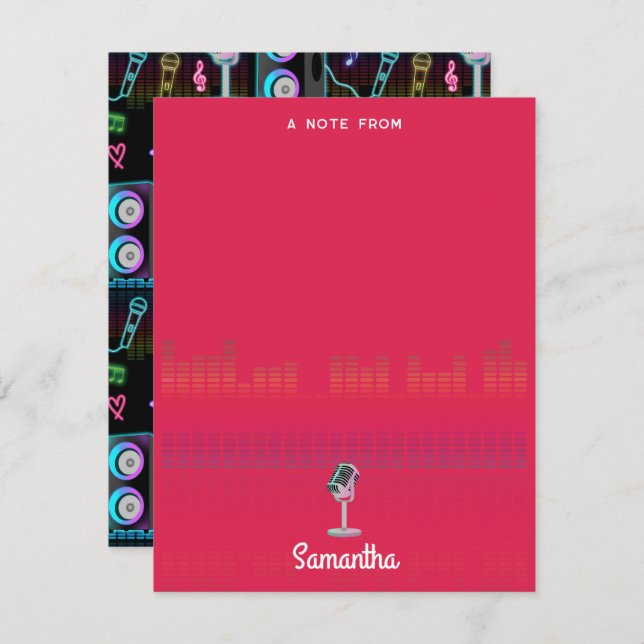 Karaoke Glow Singing Music Custom Name Note Card (Front/Back)