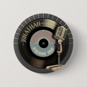 Karaoke King Retro Mic And Record Pinback Button