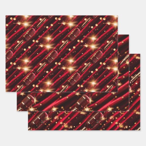 Karaoke microphone nigh stars red velvet curtain wrapping paper sheets