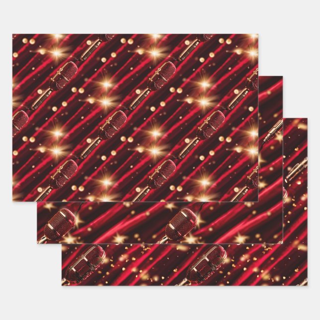 Karaoke microphone nigh stars red velvet curtain wrapping paper sheets (Set)