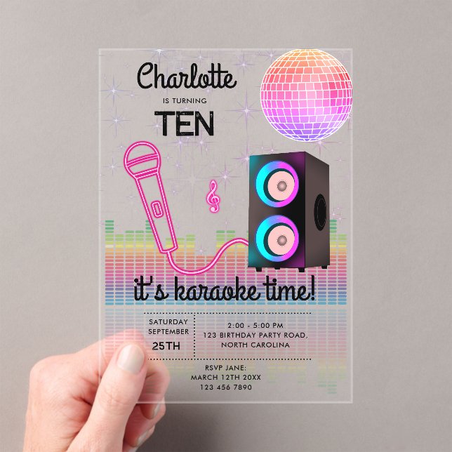 Karaoke Neon Glow Singing Disco Party Birthday Acrylic Invitations (Insitu (Handheld))