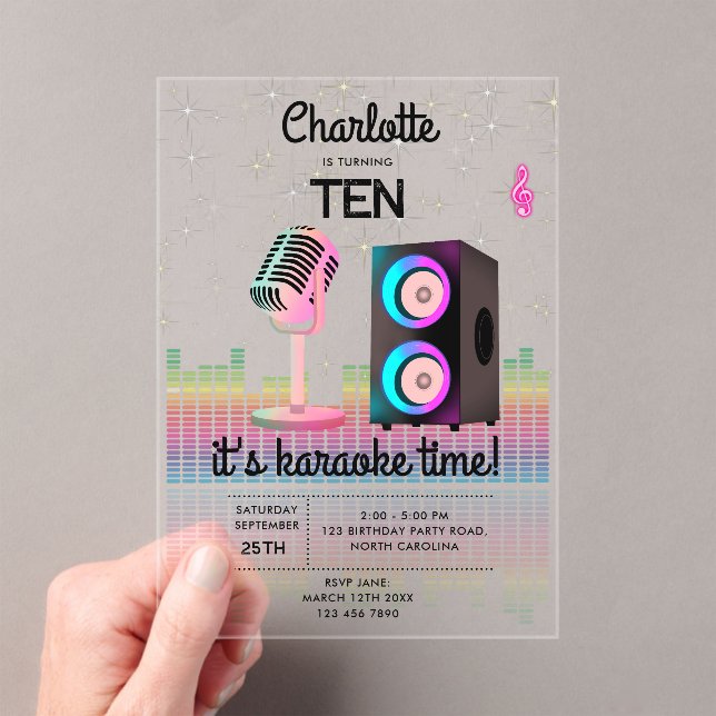 Karaoke Neon Glow Singing Music Party Birthday Acrylic Invitations (Insitu (Handheld))