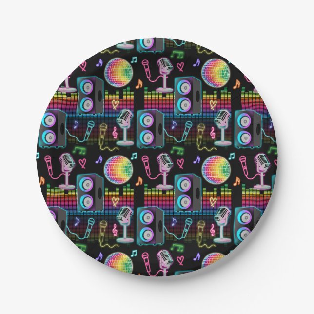 Karaoke Neon Glow Singing Music Party Paper Plates (Front)