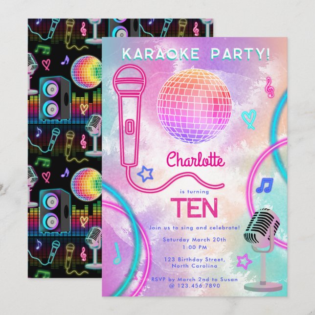 Karaoke Neon Glow  Tie Dye Birthday Party  Invitation (Front/Back)