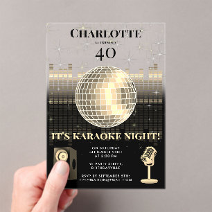 Karaoke Night Black Gold 40th Disco Birthday Party Acrylic Invitations