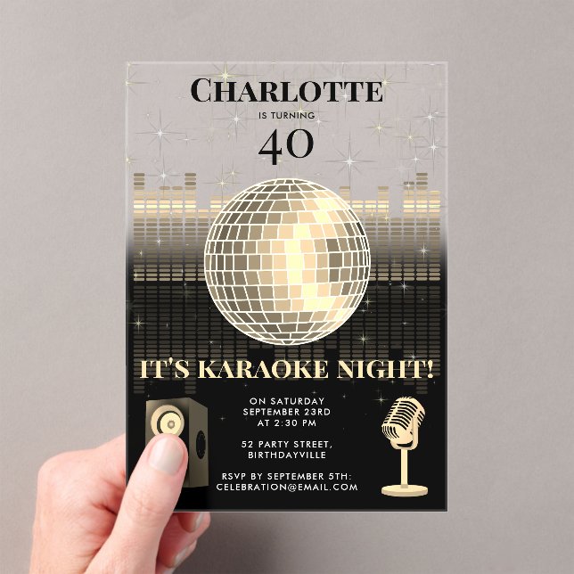 Karaoke Night Black Gold 40th Disco Birthday Party Acrylic Invitations (Insitu (Handheld))