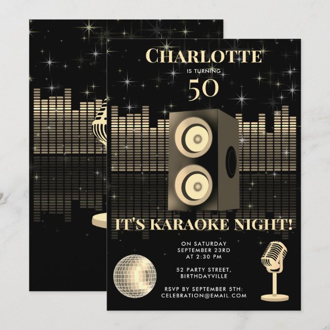Karaoke Night Black Gold 50th Disco Birthday Party Invitation (Front/Back)