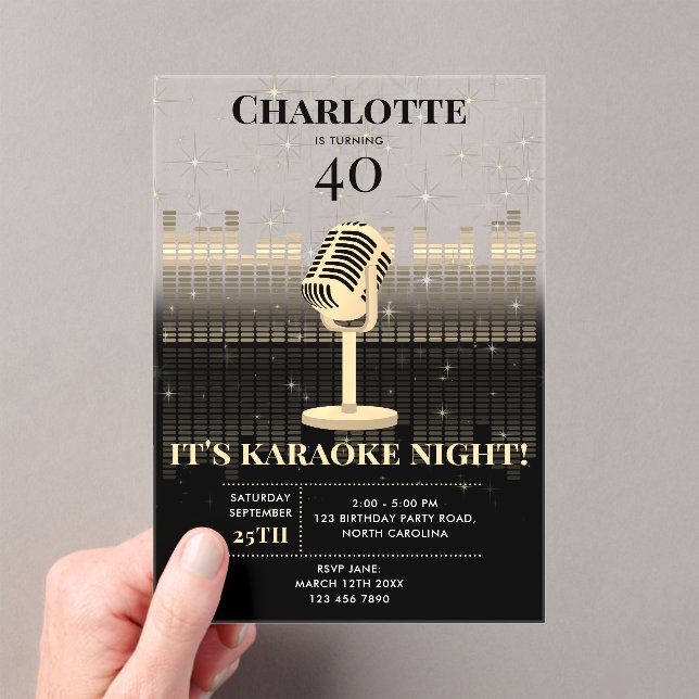 Karaoke Night Black Gold Singing Birthday Party Acrylic Invitations (Insitu (Handheld))