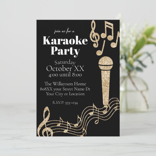 Karaoke Party Gold Glitter Music Notes on Black Invitation (Standing Front)
