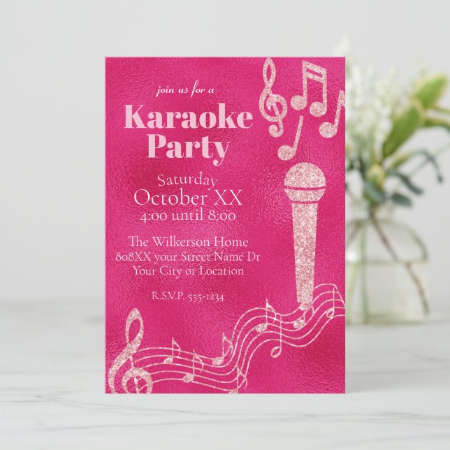 Karaoke Party Hot Pink Glitter Music Notes Invitation (Standing Front)