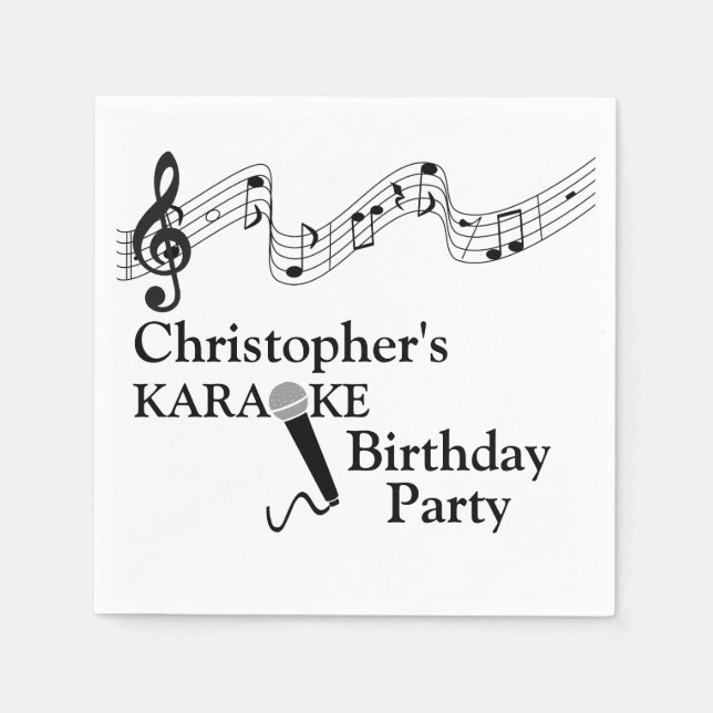 Karaoke Party Musical Scale Microphone Black Text Napkins (Front)
