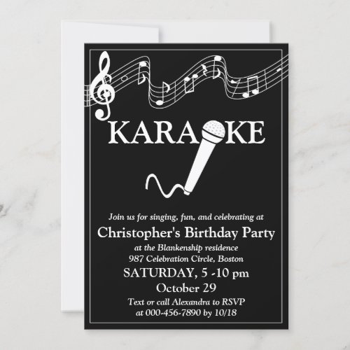 Karaoke Party Musical Scale Microphone Black White Invitation