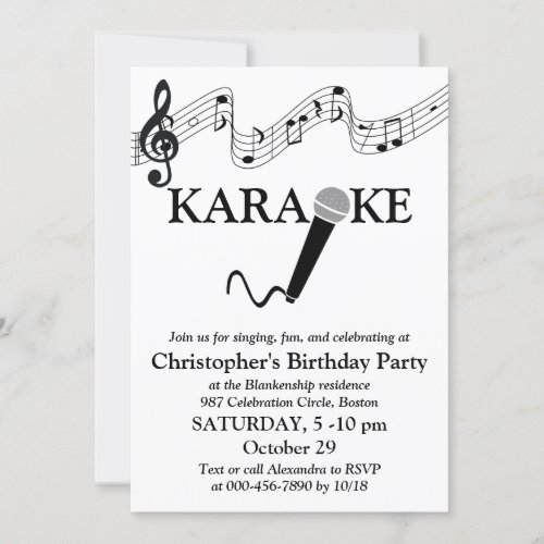 Karaoke Party Musical Scale Microphone Black White Invitation